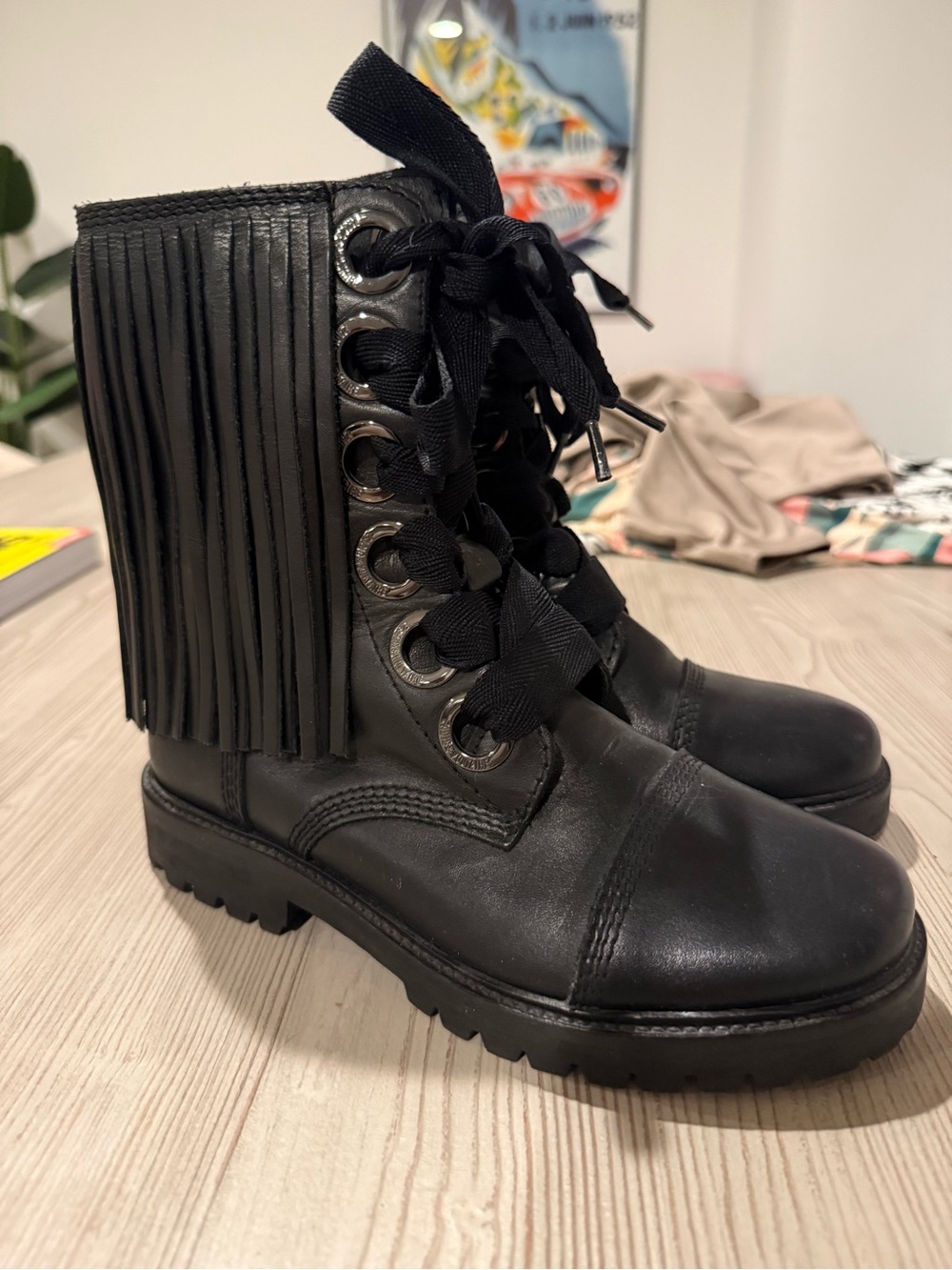 Zadig & Voltaire Black Fringe Lace-Up Combat Boots